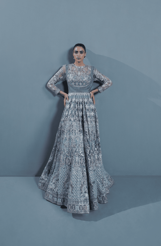 Front view of Star Dust embroidered pishwas set for weddings