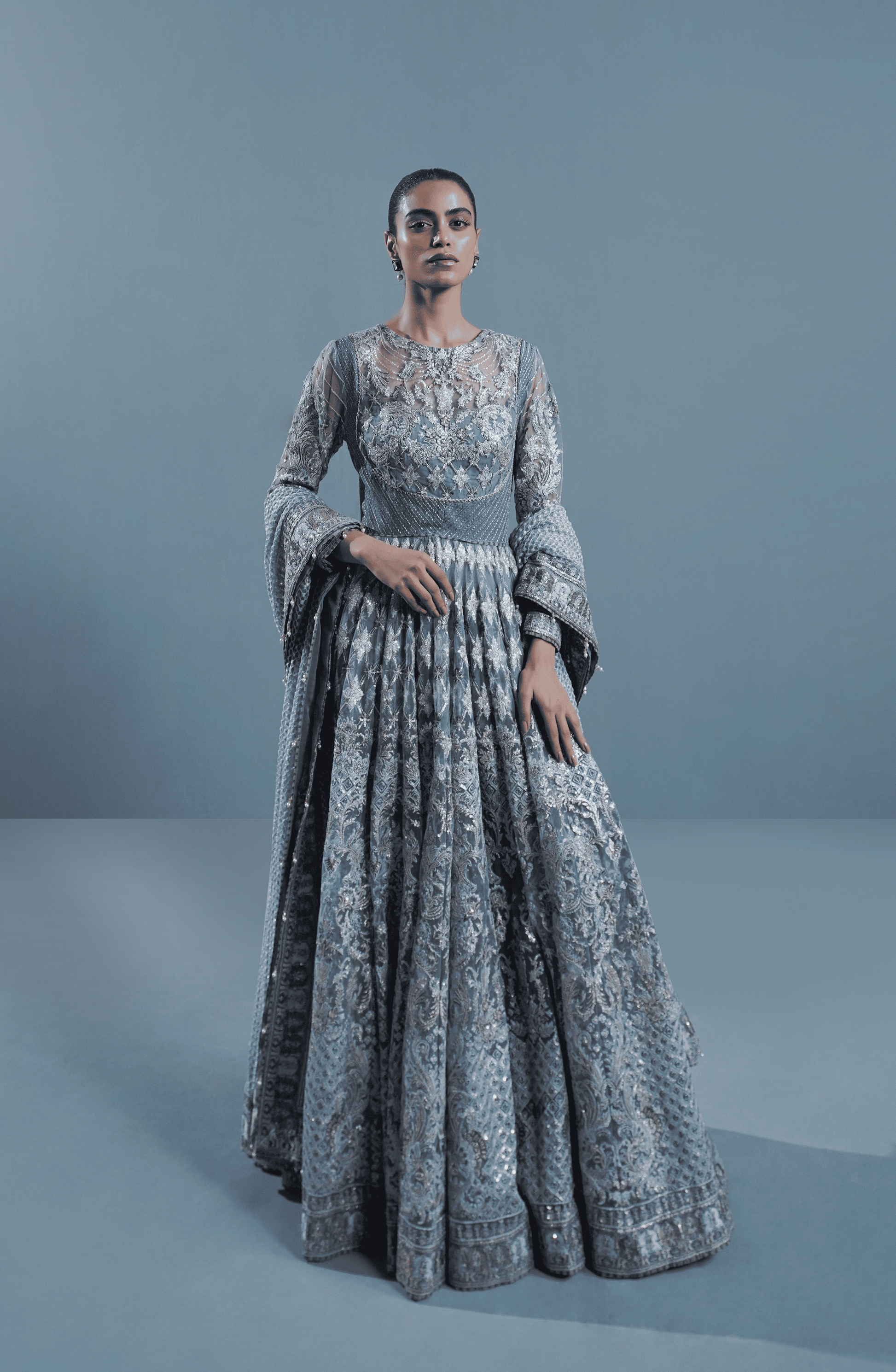 Pakistani Designer pishwas dresses-Full outfit view of Star Dust embroidered pishwas with dupatta