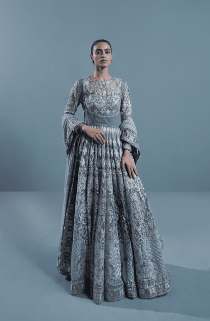 Pakistani Designer pishwas dresses-Full outfit view of Star Dust embroidered pishwas with dupatta