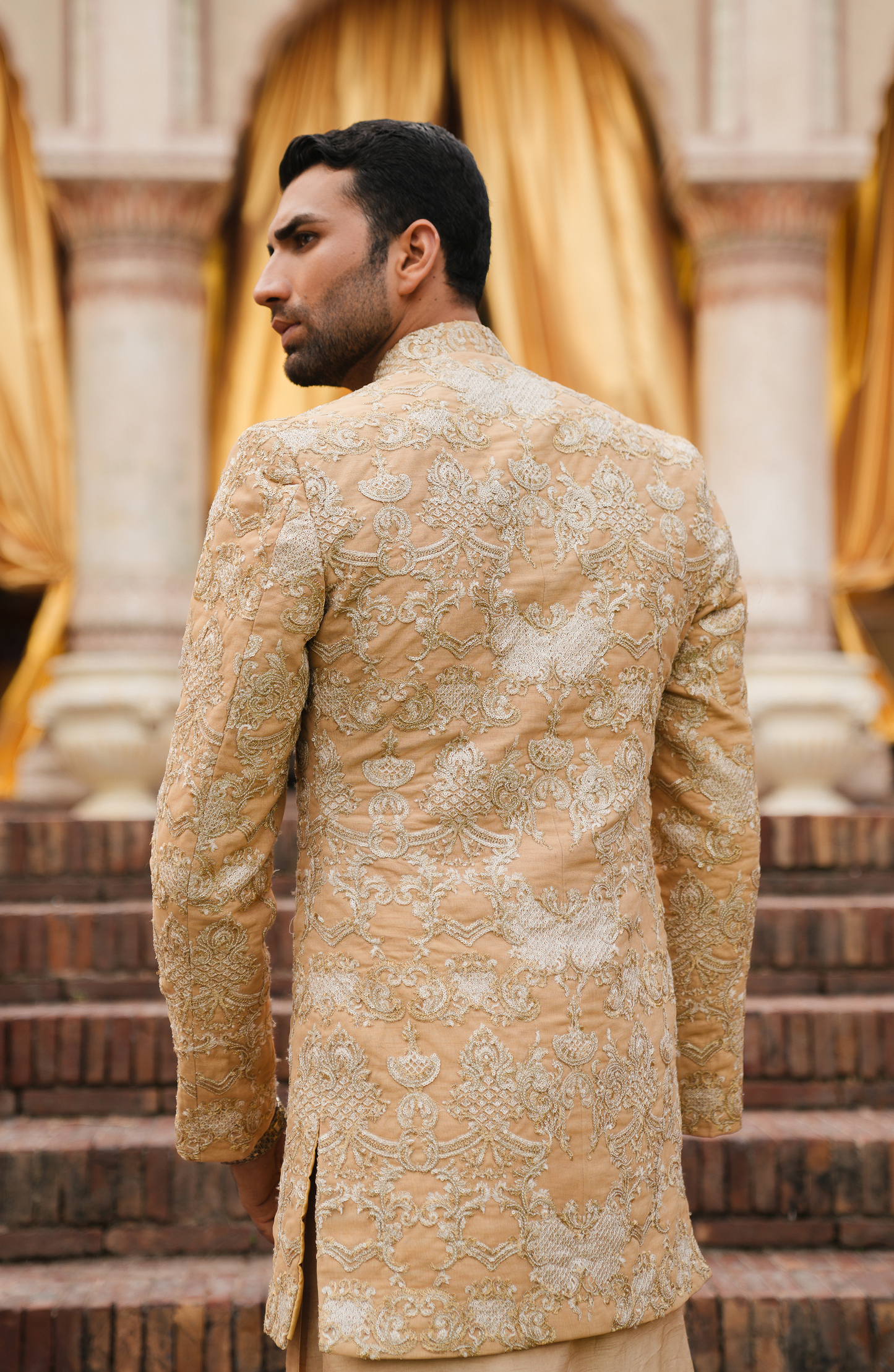 HSY Designer Prince Coat for Men from Pakistan-Back view of Taj Light Beige Prince Coat for men