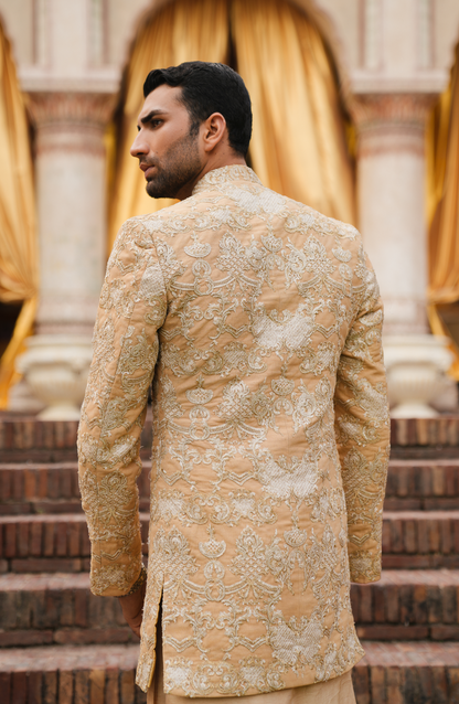 HSY Designer Prince Coat for Men from Pakistan-Back view of Taj Light Beige Prince Coat for men