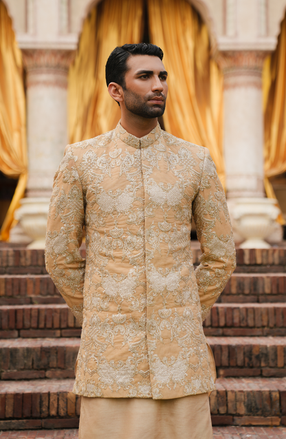 HSY Designer Prince Coat for Groom in USA and Pakistan-Button details of Taj Light Beige Prince Coat set