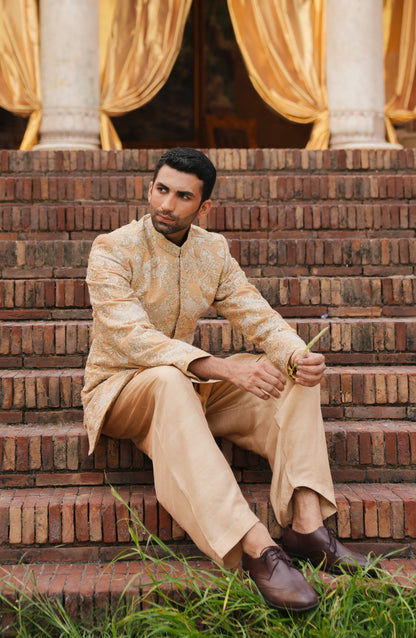 Pakistani designer prince coat in USA-Button details of Taj Light Beige Prince Coat set