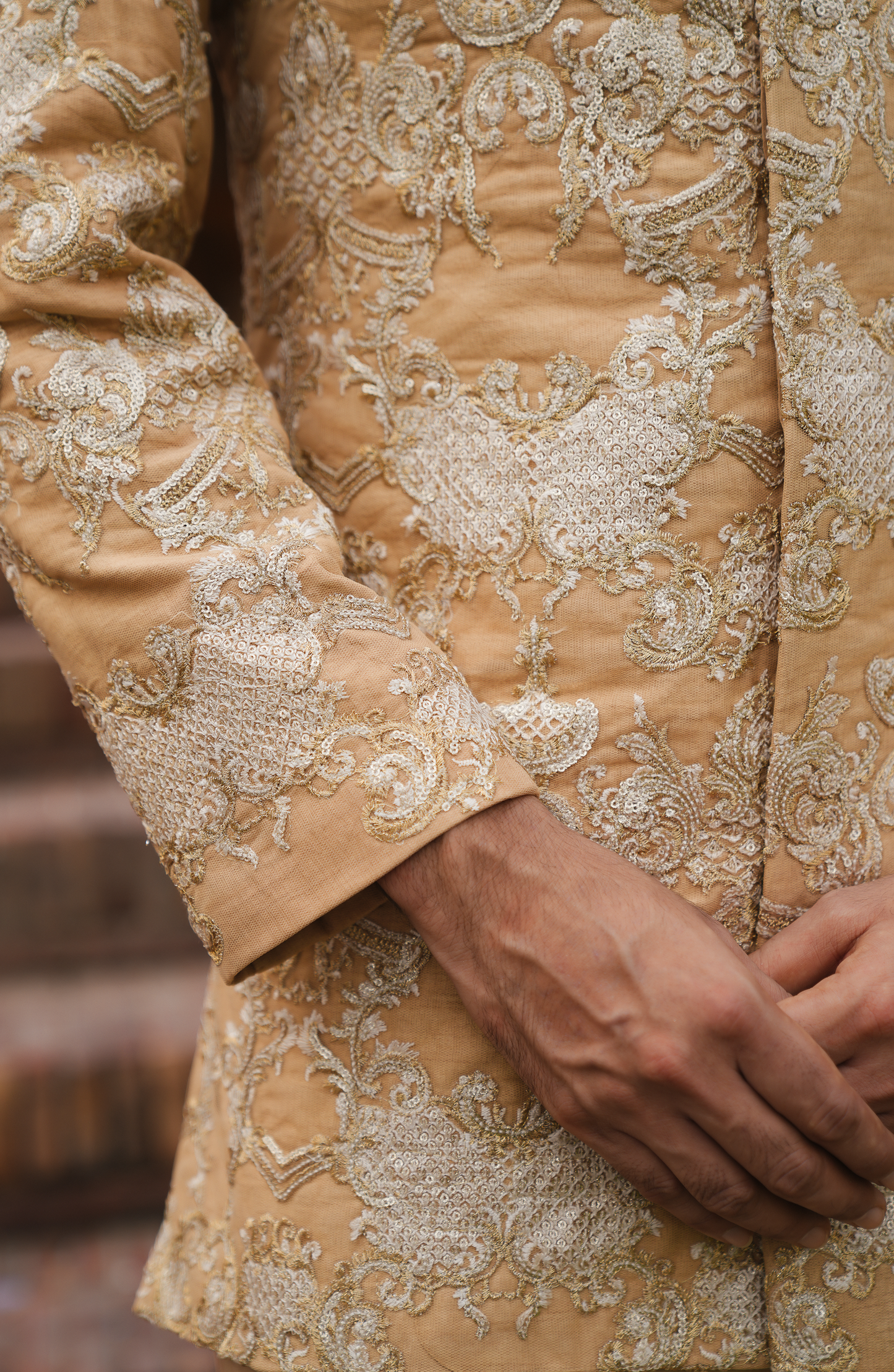 HSY Designer Prince Coat for Men -Fine fabric texture of beige prince coat with kurta