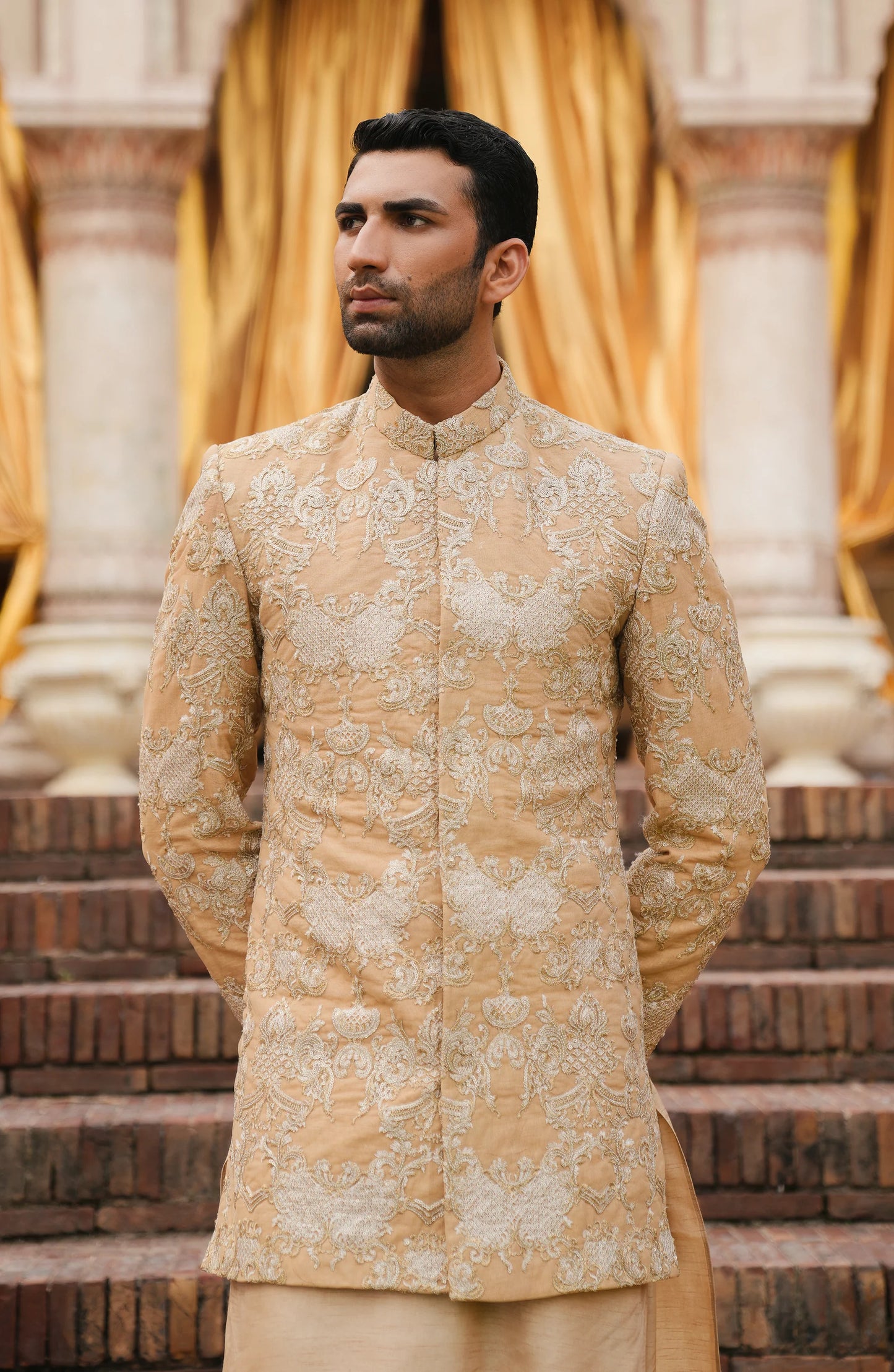 Prince coat by HSY a famous Pakistani designer-Front view of Taj Light Beige Prince Coat with Kurta Shalwar