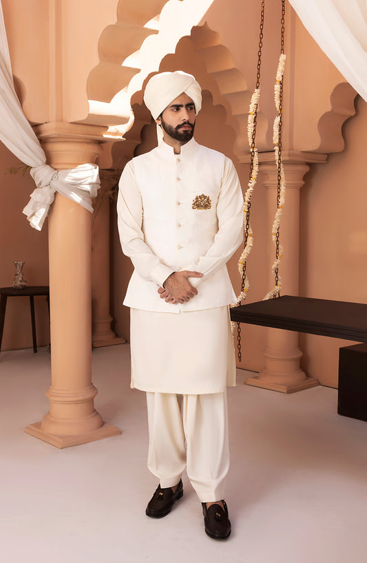 HSY White Waistcoat Shalwar Kameez-Front view of white waistcoat shalwar kameez for men