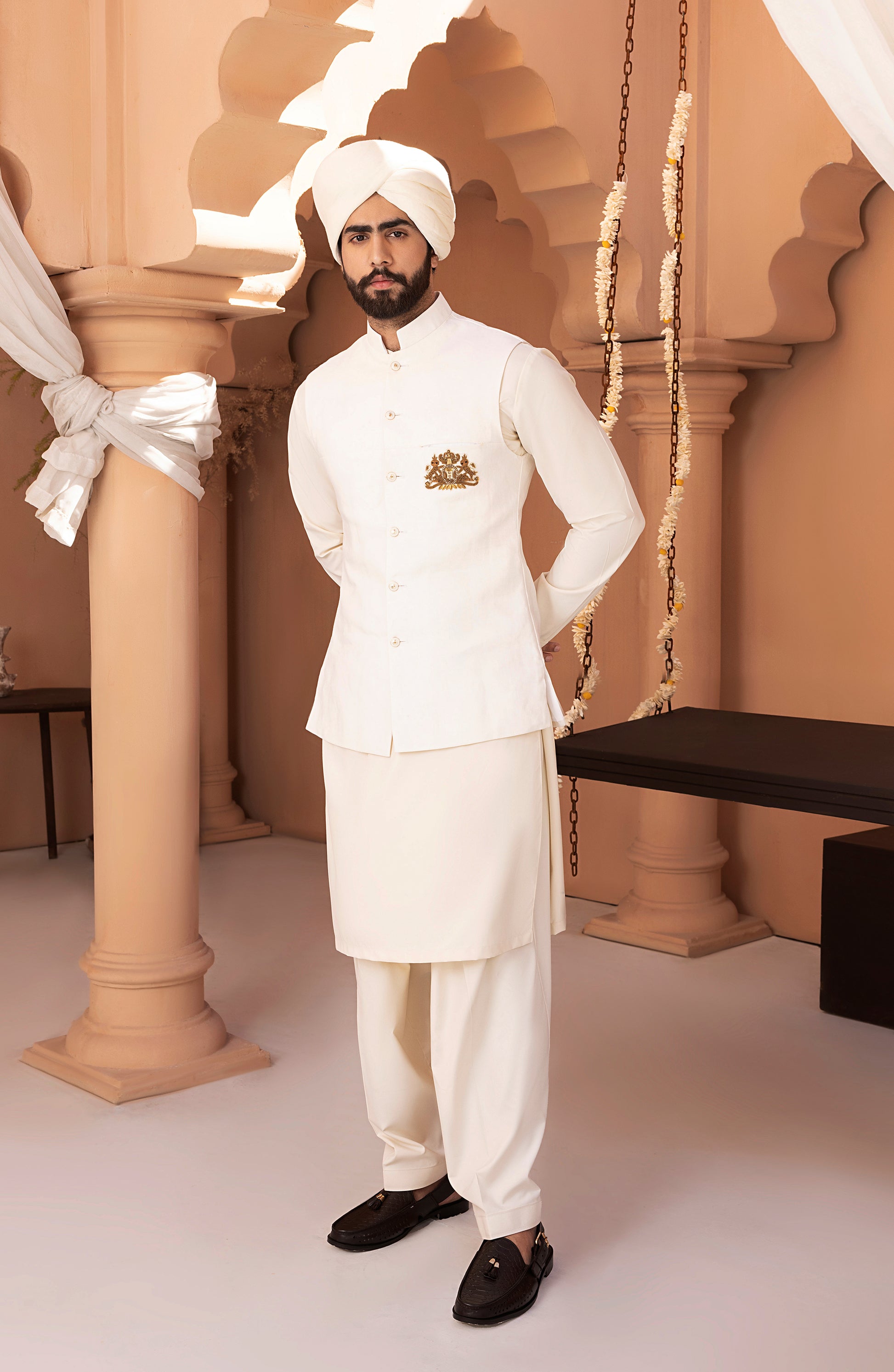 HSY White Waistcoat Shalwar Kameez-Stylish waistcoat design on white shalwar kameez for formal wear