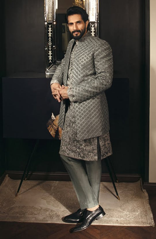 Prince Coat Paired with Embroidered Kurta and Raw Silk Pants
