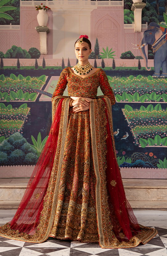 Buy Red Bridal Dress in Pishwas Frock and Lehenga Style – Nameera by Farooq