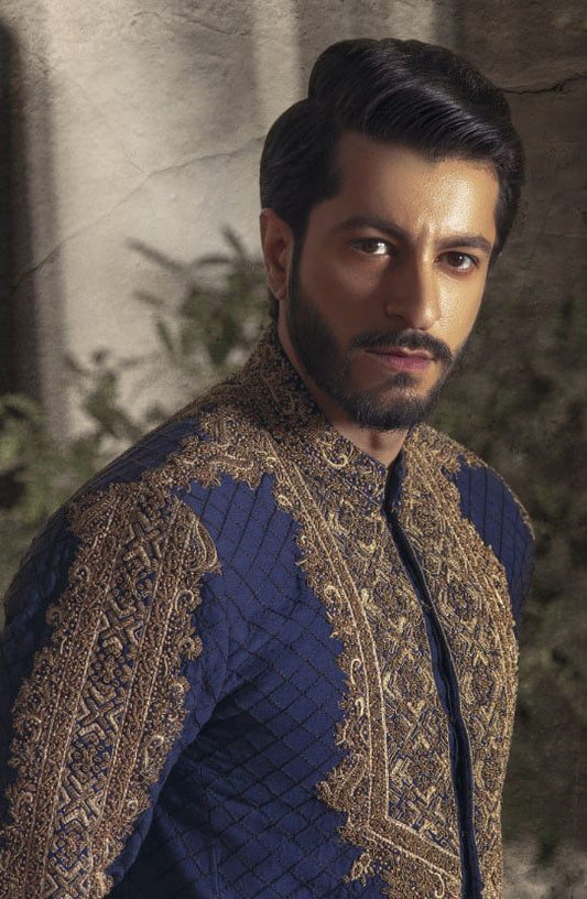 Embroidered Navy Blue Sherwani Paired with Raw Silk Pants