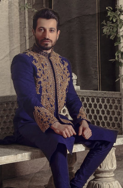 Traditional Embroidered Sherwani Paired with Raw Silk Pants