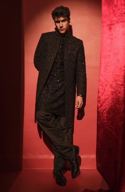 Sherwani Paired with a Sequined Kurta and Patiala Shalwar