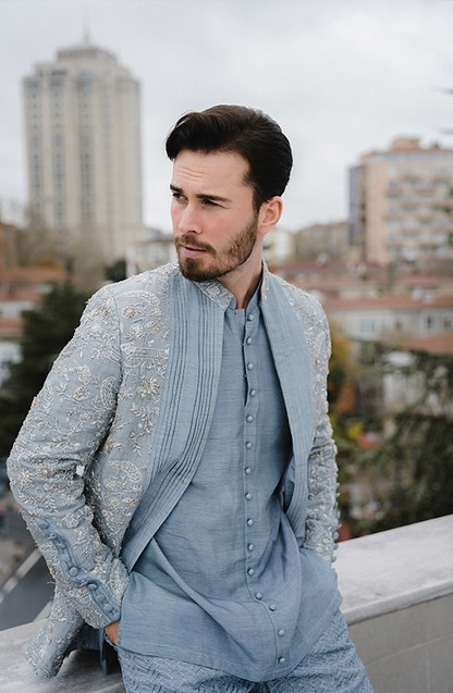Embellished Ice Blue Prince Coat Paired with A Shirt and Pants