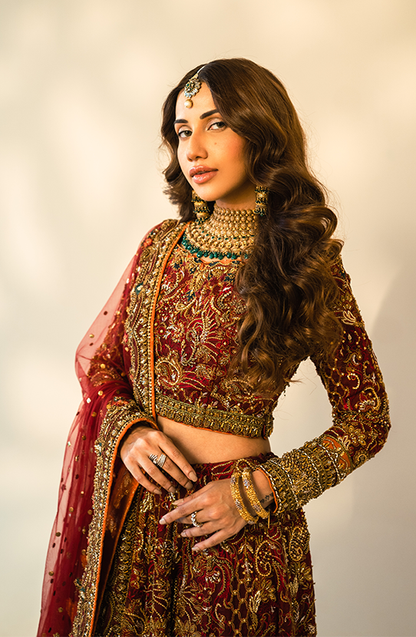 Embroidered Maroon Lehnga Choli with a Net Dupatta by HSY