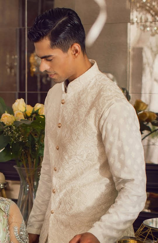 White Embroidered Waistcoat with Self-printed Kurta and Pajama