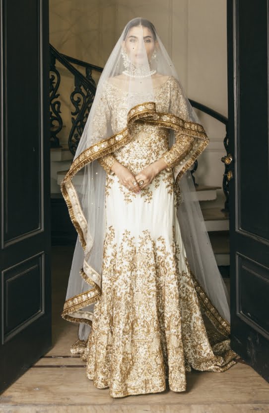 Front view of Meherbano Scoop-back Mermaid Gown with Net Mukesh Veil