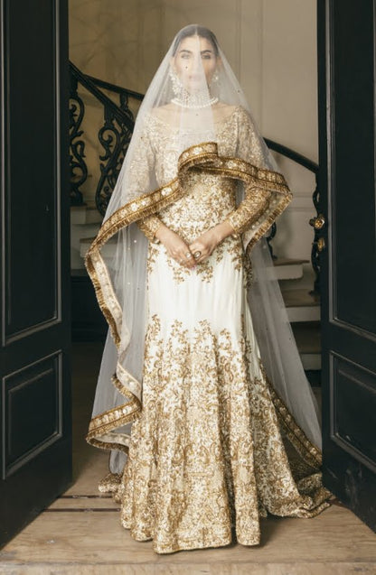 Front view of Meherbano Scoop-back Mermaid Gown with Net Mukesh Veil