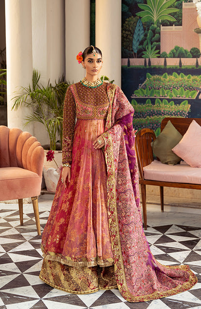 HSY| Gulabo - Watermelon-Pink Peshwas Silk Azar Pant Purple Dupatta