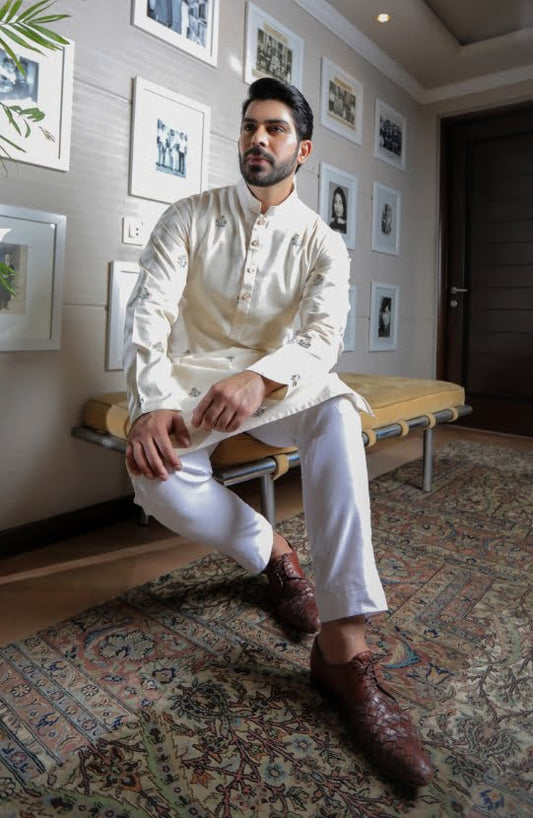 Hand Embroidered Kurta with Paired with Straight Pants-Front view of Shahi Hand Embroidered Kurta with Straight Pants